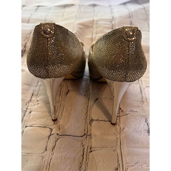Michael Kors Size 8.5 Gold Sparkle Glitter Platform Peep Toe Pump Heels Bridal - Picture 8 of 16